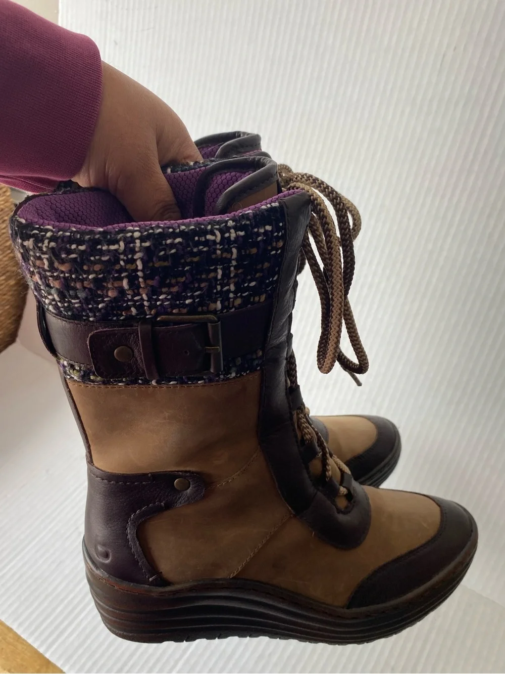 BIONICA Garland Brown Leather Purple Tweed Wedge Snow Boot 6.5 Gorpcore